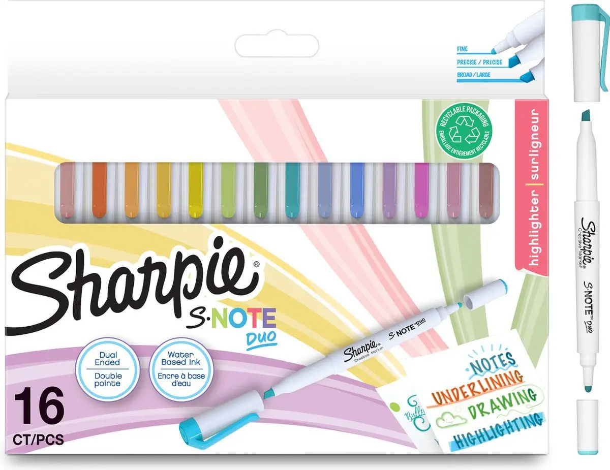 Sharpie S-Note Duo Dual-Ended Creative, Assorted Colors, Fine & Chisel Tips, 16 Count