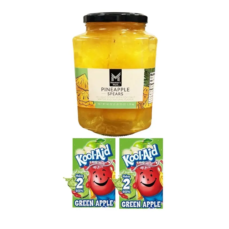 Viral Pineapple Spears With 2 Koolaid Green Apple Drink mixes- 1 Jar of Pineapple & 2 Koolaid Packs Viral Pineapple Spears With 2 Koolaid Green Apple Drink mixes- 1 Jar of Pineapple & 2 Koolaid Packs