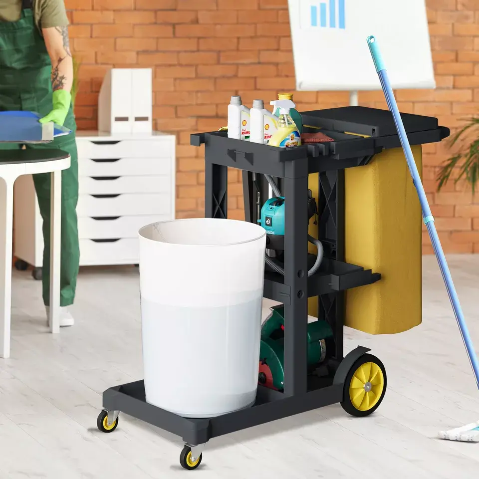 YITAMOTOR Janitorial Cart on Wheels, Cleaning Cart, Housekeeping Cart,3 Shelf Commercial Traditional Plastic Janitor Cart, with 2 Yellow 25 Gallon Vinyl Bag & Rubber Gloves for Restaurant Hotel Home Organizer Storage Containers