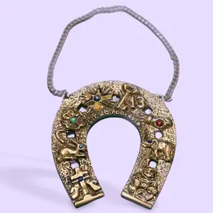 Brass Good Luck hanging horseshoe 4 inch by 3.5 Brass Good Luck hanging horseshoe 4 inch by 3.5