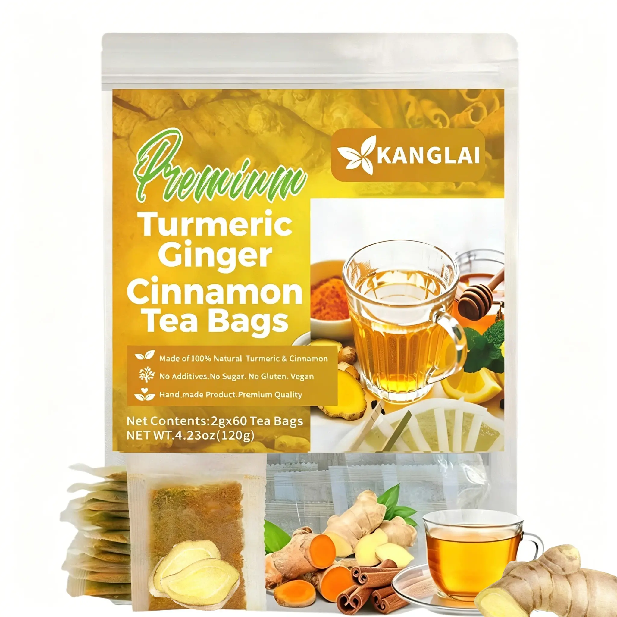 Teajunkie Turmeric Ginger Cinnamon Herbal Tea Bags -60/ 120/180/240 Extra-Large Family-Sized, 100% Natural Eco-Friendly, Anti-Inflammatory Wellness Beverage (No Sugar, No Caffeine, No Gluten, Vegan)