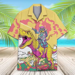 Funny Astronaut Cat Riding Dinosaur Hawaiian Shirt Men's Space Galaxy T-Rex Print Short Sleeve Button Down Aloha Shirt Sci-Fi Geek Gift Summer Top