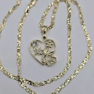 15TH year's beautiful heart with flower  necklace gold-plated 18"inches 24"inches available