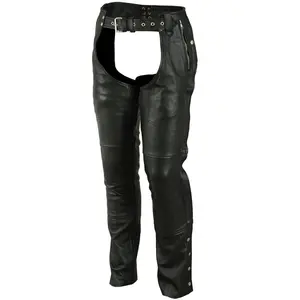 Unisex Double Deep Pocket Thermal Lined Leather Motorcycle Chaps