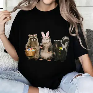 100% Cotton Cute Animal Easter Design T-Shirt With Raccoon Bunny And Skunk Holding Basket Wine And Flowers Spring Season Gift For Friends Family And Easter Lovers