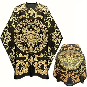 Golden Lion Head Print Hair Wrapping Cape - Non-Stick Anti-Static Extra Large Salon Cape, Black & Gold Baroque Design for Luxury Barber Shaving & Oil Treatments