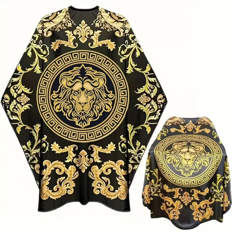 Golden Lion Head Print Hair Wrapping Cape - Non-Stick Anti-Static Extra Large Salon Cape, Black & Gold Baroque Design for Luxury Barber Shaving & Oil Treatments, Barber Equipment