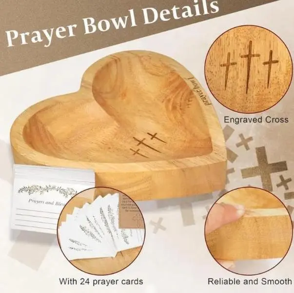 Wooden Heart Shaped Prayer Bowl with 30 Prayer Cards, Handcrafted Vintage Prayer Bowl with Cross & Letter Pattern, Religious Decorations for Home Living Room Bedroom Church, Christian Ornaments, Home Decor, Hand Engraved Easter Sunday Gifts Mother's Day