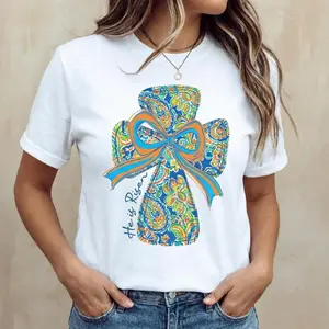 Vibrant Cross and Bow Design Cotton Casual Round Neck Short Sleeve Summer T Shirt Featuring He Is Risen Print Easy Care Machine Washable
