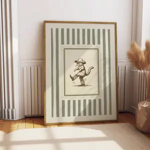 [UNFRAMED POSTER] Whimsical Cowboy Cat Print – Vintage Western Wall Art, Sage Green Coastal Decor for Living Room, Bedroom or Nursery