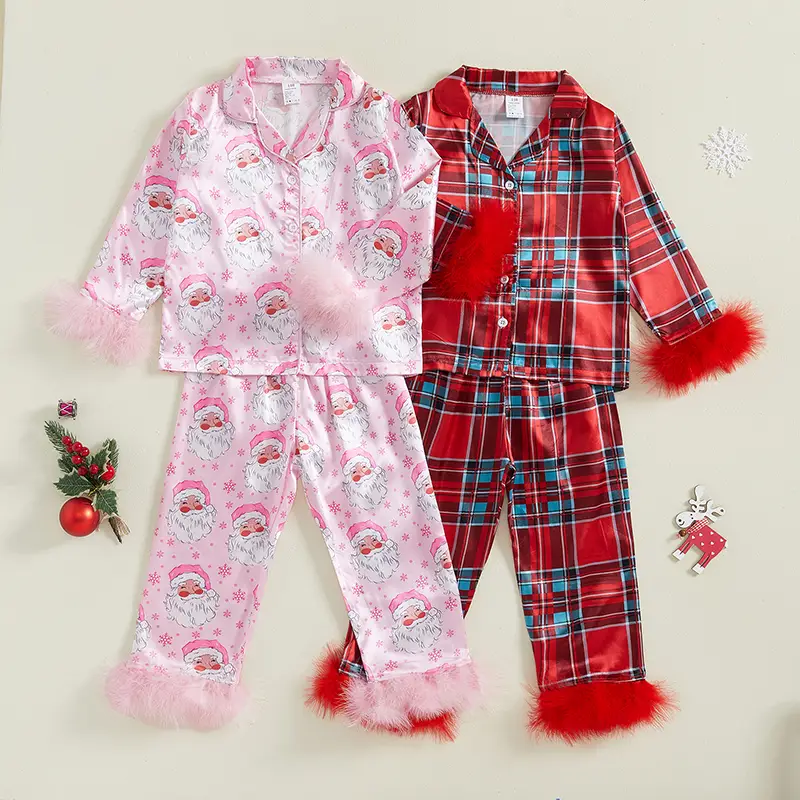 Baby Girl 2Pcs Christmas Pajamas Long Sleeve Feather Trim Shirt + Pants Set Toddler Sleepwear
