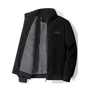 Corduroy Jacket for Middle-aged Dads — Autumn–Winter Thickened Cotton with Velvet, Stand-up Collar, High-end Western Style Biking Cotton Thick Winter Fleece Jacket Safari Utility Coat Hoodie Black Coat Warm Long Sleeve Casual Outerwear Men’s Clothing