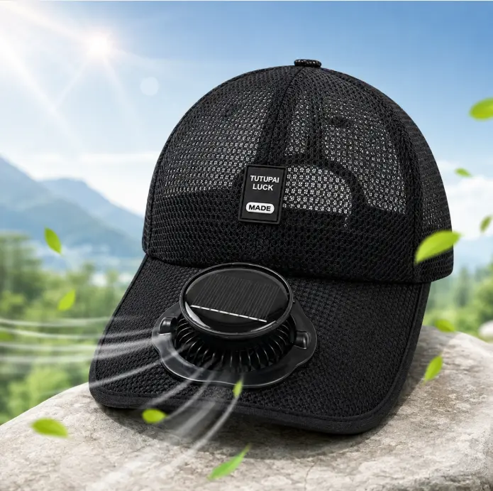 Unisex Wide Brim Solar-Powered Fan Baseball Cap - USB-Rechargeable, Breathable Mesh Fabric, One Size Adjustable, Lightweight Cooling Hat for Hiking, Fishing