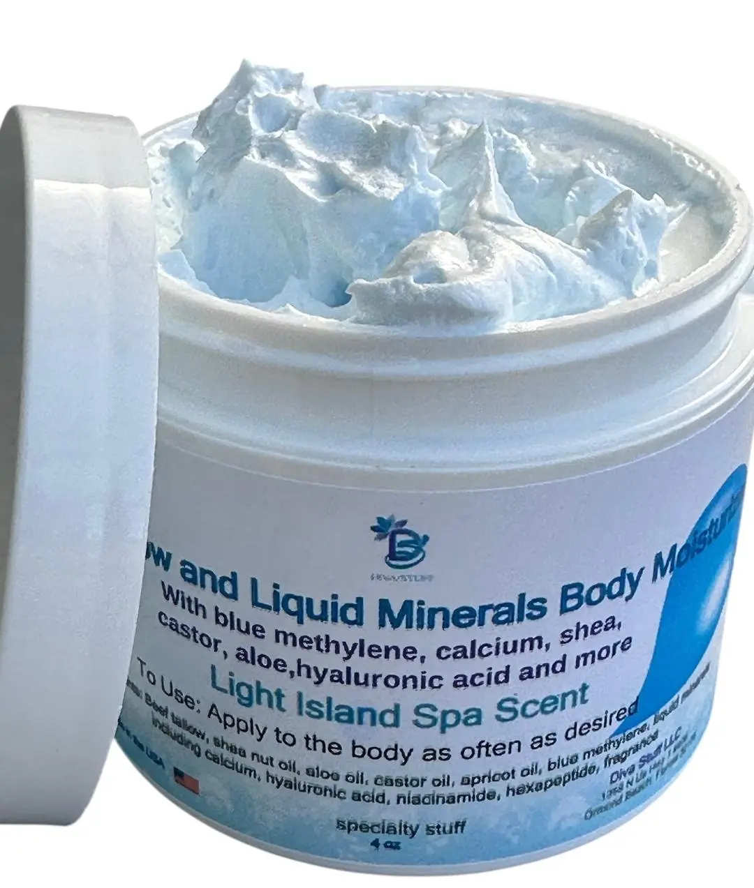 Beef Tallow and Liquid Minerals Body Moisturizer, Whipped With Calcium, Blue Methylene, Castor Oil, Hyaluronic Acid and More, Light Island Spa Scent, 4oz