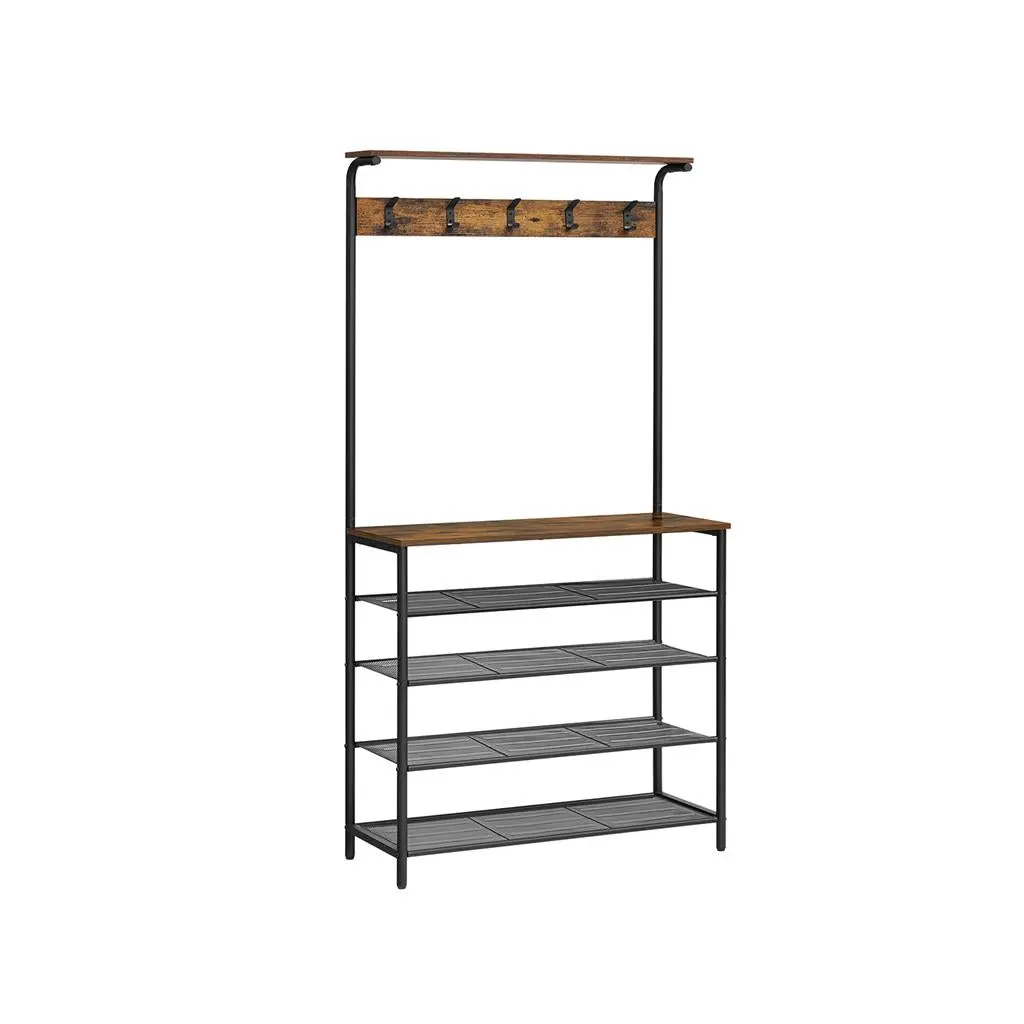 VASAGLE Hall Tree with Shoe Bench, Coat Rack Shoe Bench, 5-Tier Shoe Rack Different Heights, 5 Dual Hooks, Top Shelf, Entryway Organizer