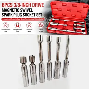 6PCS 3/8-Inch Drive Magnetic Swivel Spark Plug Socket Set – Thin Wall CR-V Steel, Includes 9/16", 5/8", 13/16", 14mm, 12-Point, Lengths 4", 6", 11" – for Car & Truck Engines