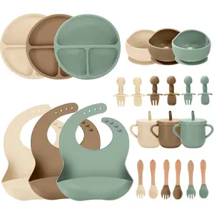 24 PCS Silicone Baby Feeding Set, Baby Led Weaning Supplies Includes Suction Bowls, Divided Plates, Adjustable Silicone Bib, Spoons & Forks, Straw Training Cup (Green+Brown+Beige)