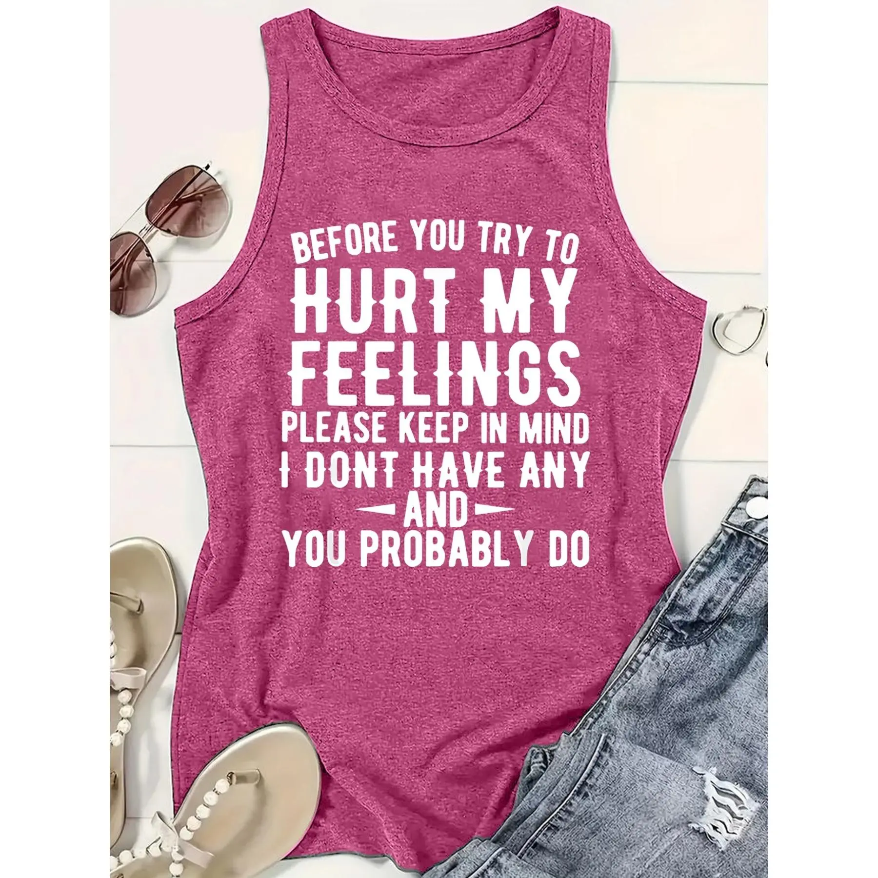 Women's Fashion Polyester-Spandex Graphic Printed Tank Top - Sleeveless Roundneck Backless Vest with Sad Quotes, Funny Text, Breathable Lightweight for Spring-Summer Casual Outdoor Use