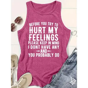 Sleeveless Vest, Sad Quotes, Funny Textprint, Breathable Casual Vest Top for Spring and Summer, Backless Outdoor Lightweight Tshirt, Stylish Roundneck Summer Sports for Women