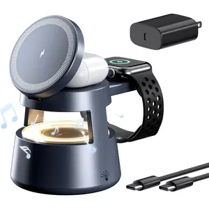 3 in 1 Charging Station,Magnetic Wireless Charger with Night Light & Speaker for Apple MagSafe Charger Stand,Foldable Nightstand Charging Station for iPhone,Airpods,Watch (20W Adapter)