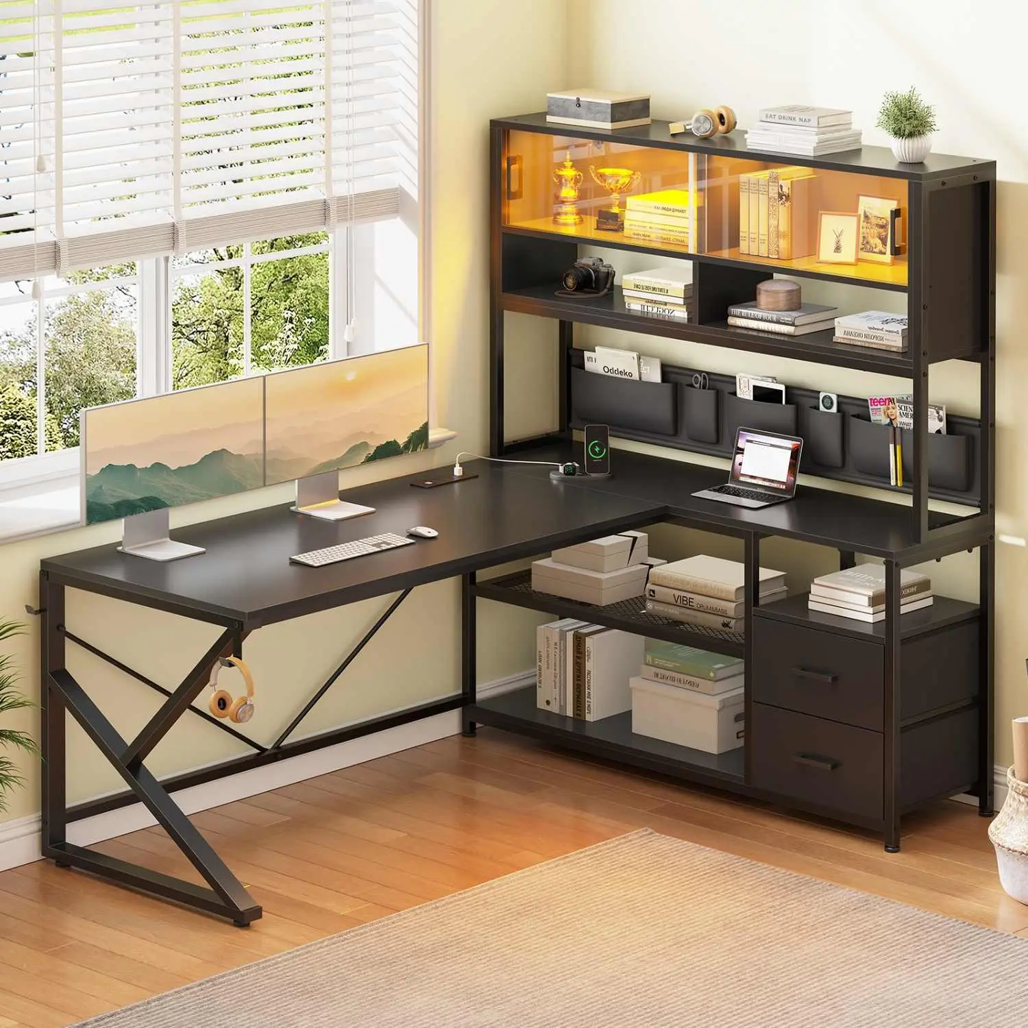 SIKAIC L-Shaped Gaming Desk with LED Lights, 2 Drawers, Built-In Bookshelf - Modern Corner Home Office Study Table Workstation