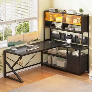 SIKAIC L-Shaped Gaming Desk with LED Lights, Home Office Computer Desk with 2 Drawers and Built-In Bookshelf, Modern Corner Workstation