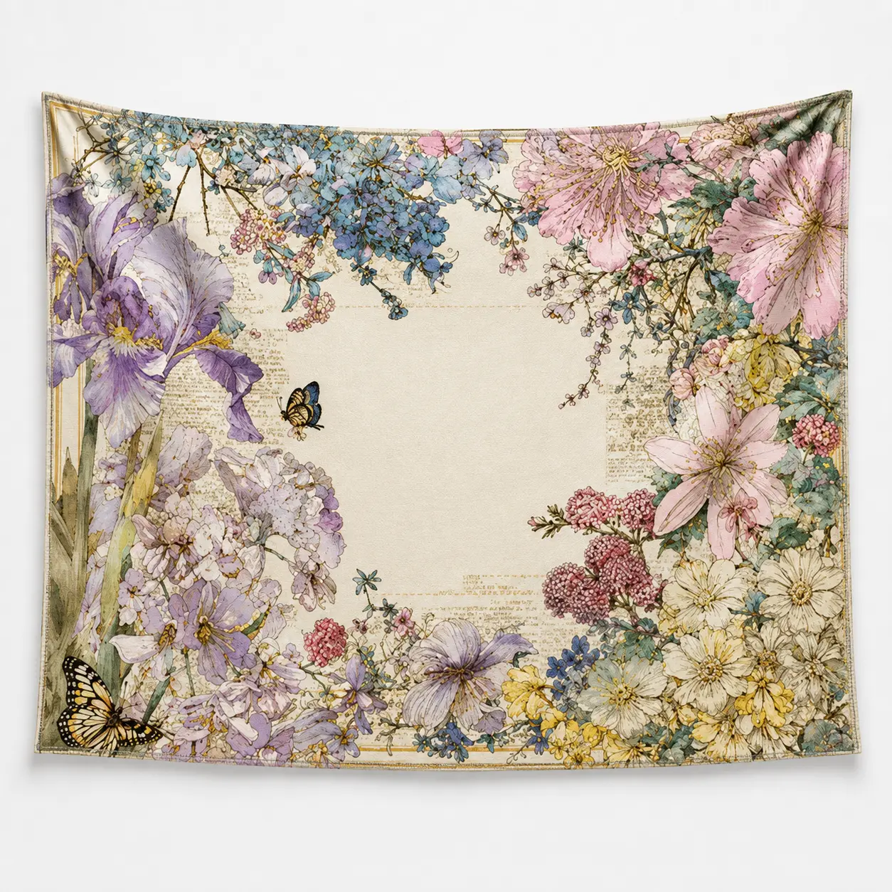 Vintage Flower Butterfly Garden Tapestry - Lavender, Pink, Blue & Cream Botanical Wall Hanging, Elegant Cottagecore Fabric Art for Bedroom, Living Room, Home Decor Gift