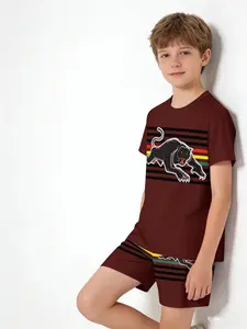 Boys' Stylish Short Sleeve Set, Summer Leopard Animal Element, Trendy Sports Style, Boy's Two-Piece, Casual Fitted Tracksuit