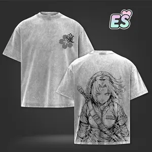 [ES] Sakura Haruno Anime Vintage Washed Oversize Heavyweight Cotton Graphic T-Shirt | Cherry Blossom Kunoichi Warrior Tee