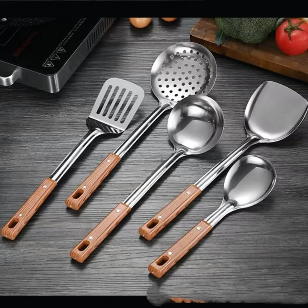 5-Piece Stainless Steel Kitchen Utensils Set, Kitchenware Stainless Steel, Kitchen Tools And Gadgets, Hanging Non-Scalding Fry Pan Spatula, Long Handle Cooking Spoon, Home Use BBQ Grill Accessories