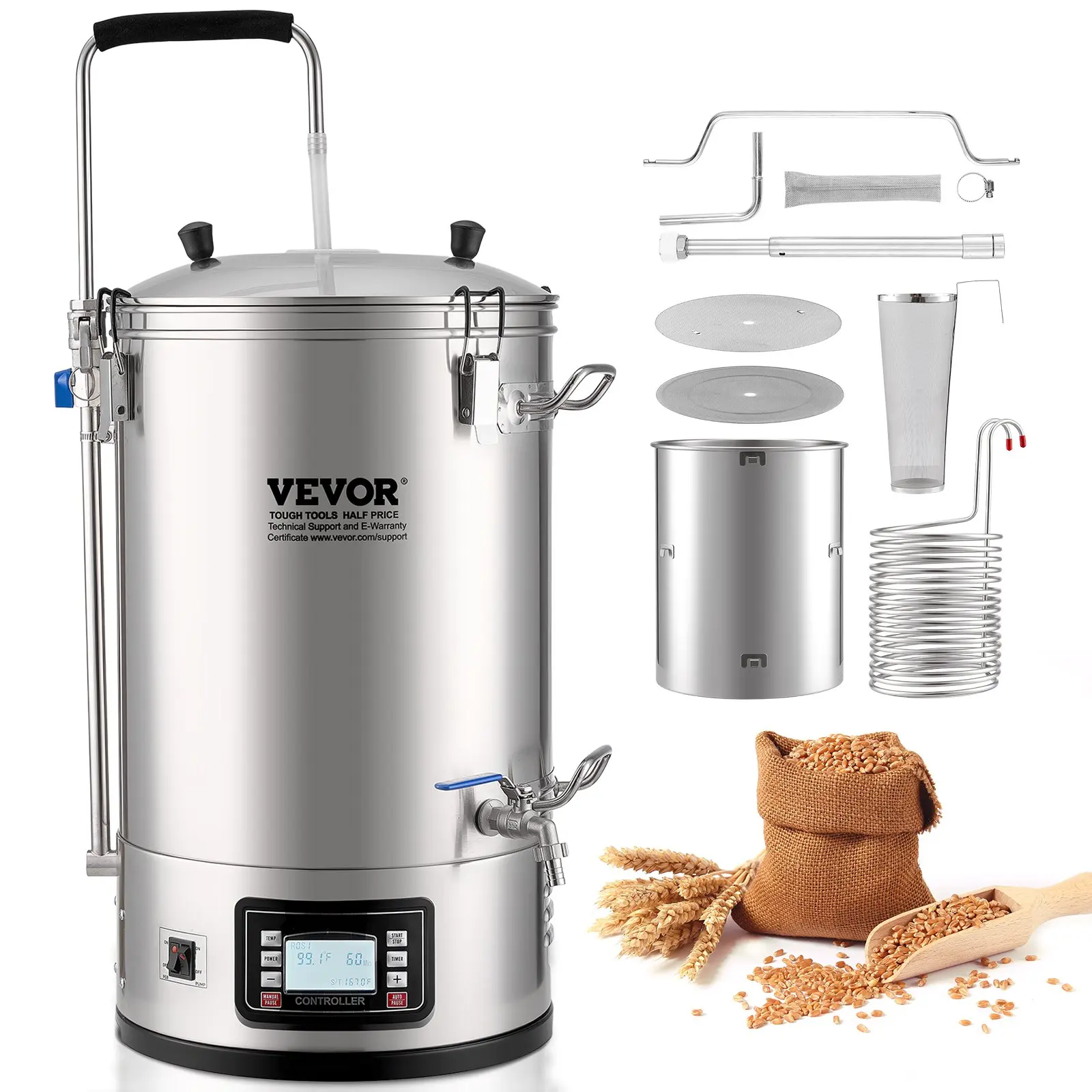 VEVOR Electric Brewing System, 8 Gal/30 L Brewing Capacity, All-in-One Home Beer Brewer with Pump, Mash Boil Device with Panel, Auto/Manual Mode 100-1800W Power 25-100 Temp 1-180 min Timer Recipe Memory