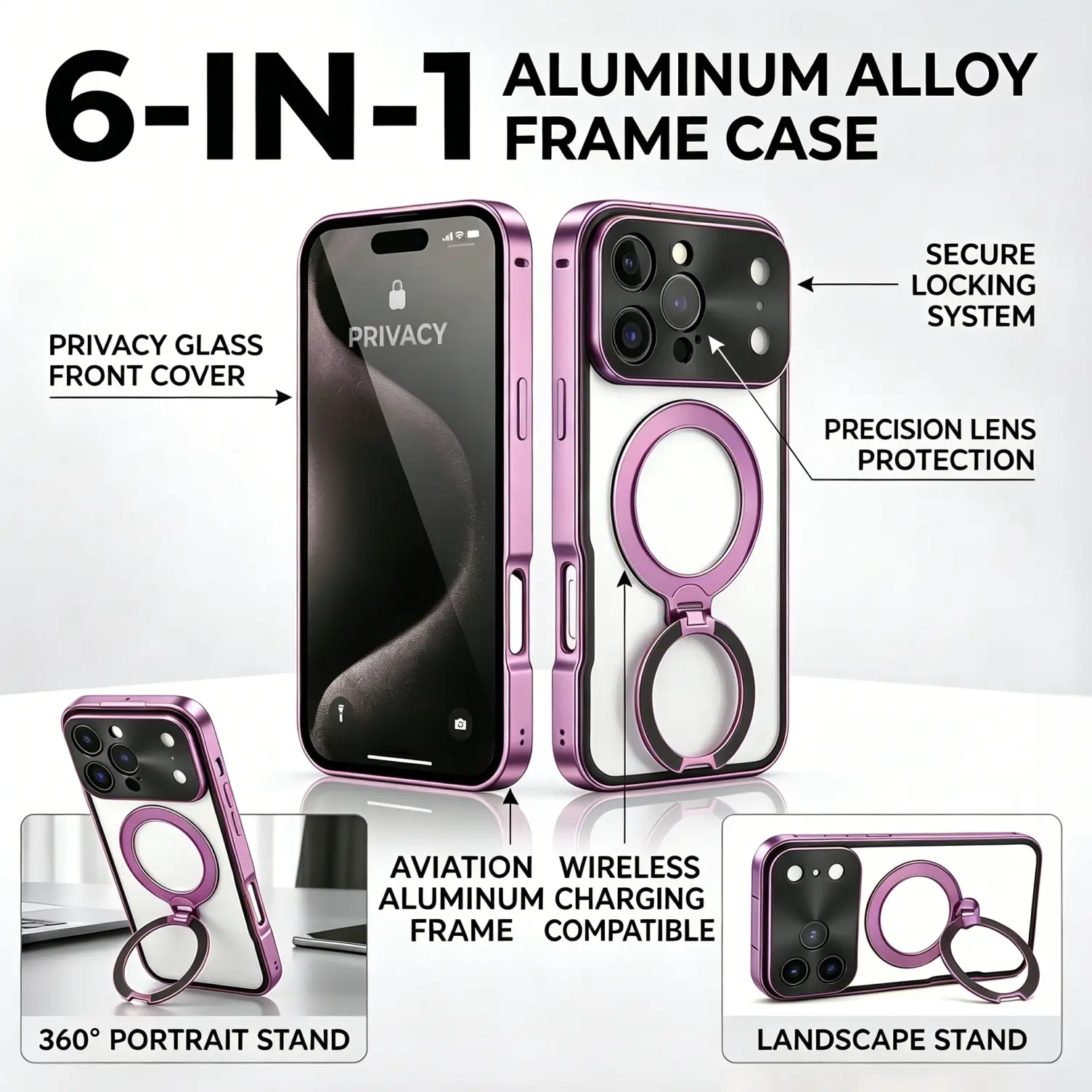 6-in-1 Aluminum Alloy Case for iPhone 17 Pro Max 6.9", Full-Body Drop-Resistant Cover with Built-In Glass Screen Protector, Full Camera Protector, 360° Stand, Privacy Shield, Camera Control, Wireless MagSafe (Black, Blue, Orange, Pink, Silver, Rose Gold)