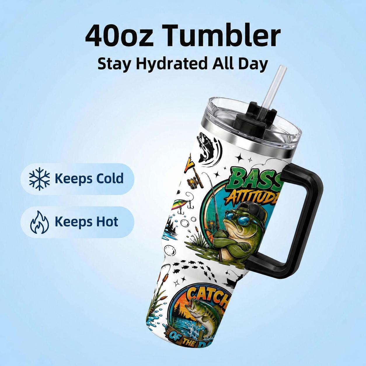 GuLuBoo Bass Fishing Vacuum Flasks 40oz Stainless Steel Insulated Tumbler, Leak-proof Travel Mug with Straw, Portable Water Bottle for Coffee, Gym & Office, Creative Drinkware Cup Ideal Holiday Gift