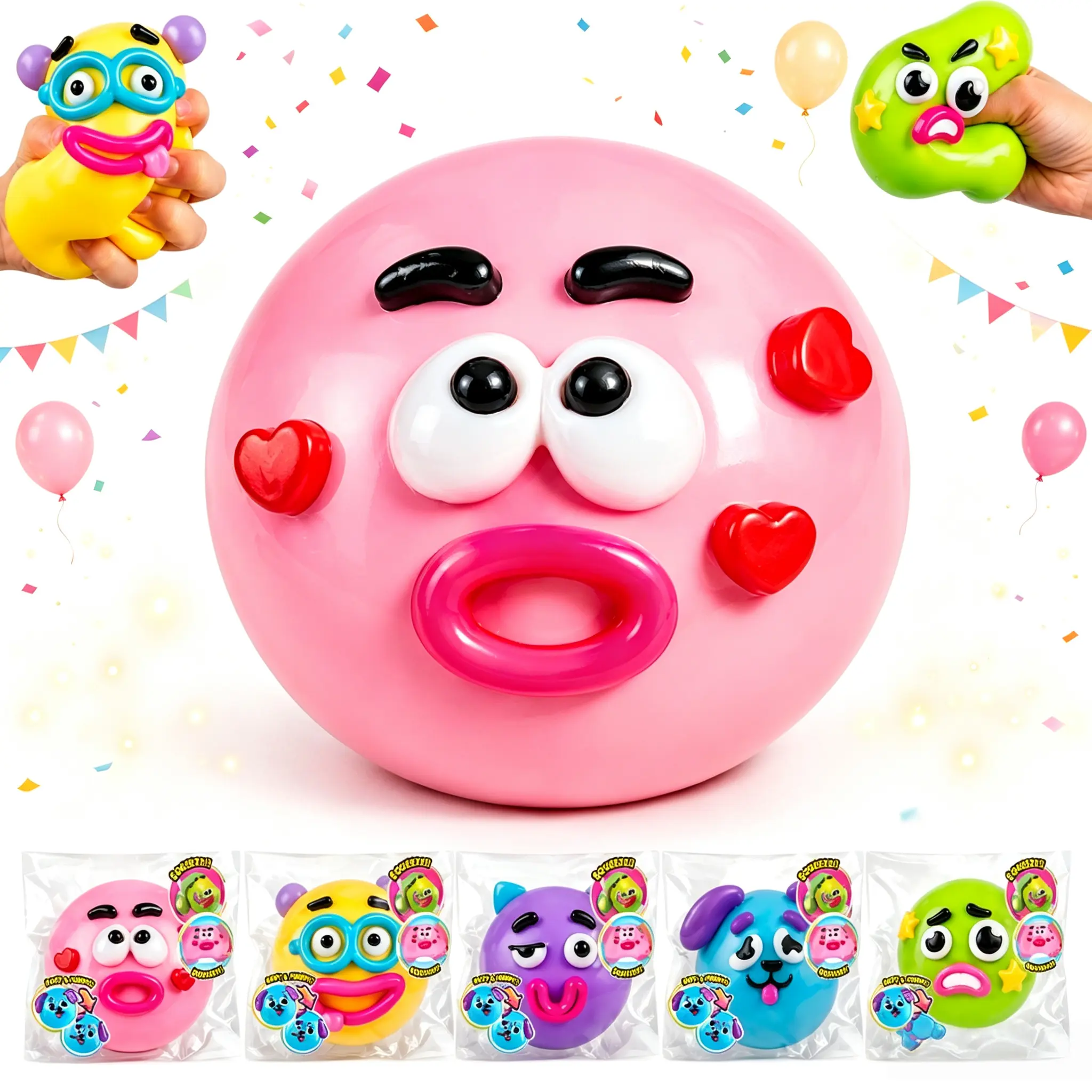Funny Face Slow Rebound Squeeze Ball Set, Party Favor Soft Squishy Sensory Fidget Toys, Anxiety Stress Relief Hand Squeeze Toys for Kids Teens Adults, Calming Desk Decompression Goodie Bag Gifts for Birthday Party Carnival