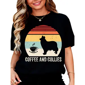 100% Cotton Vintage Retro Coffee And Collies Rough Collie Border Collie T-Shirt