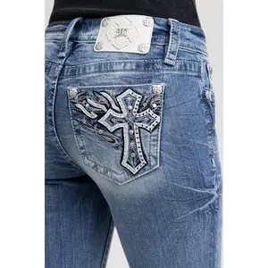MissMe Kezia Cross Bootcut Jeans - Mid-Rise, All-Seasons, Embroidered Winged Cross, Studs & Rhinestones, 5-Pocket Design, Cotton Blend