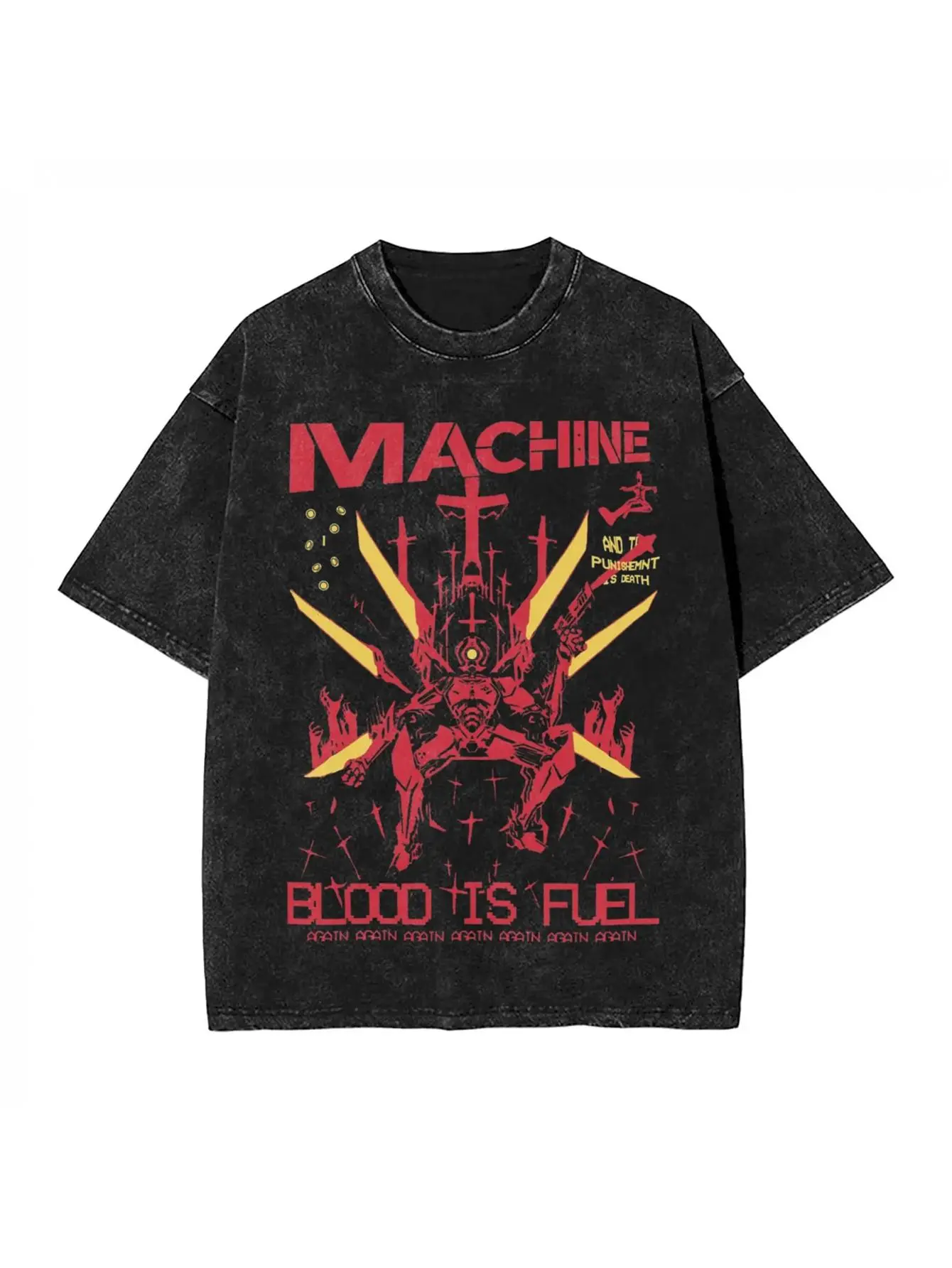 Graphic Tshirt with Retro 'BLOOD IS FUEL' Print, Unisex Distressed Streetwear Short-Sleeve Tee, Loose-Fit Tops, Cotton, Retro Street