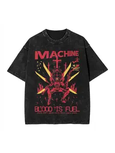 Ultrakill Gabriel Game T-Shirt - Retro Washed Black Tee with Red "MACHINE" & "BLOOD IS FUEL" Logo - Gaming Print, Casual Streetwear for Men & Women - Loose Fit Unisex Adult Shirt - Year-Round Apparel