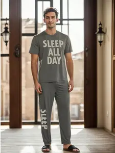 Men's Summer Casual Homewear Set, Letter Print Simple Comfort Short Sleeve Long Pants Two-Piece Sleepwear, Breathable & Soft Fabric