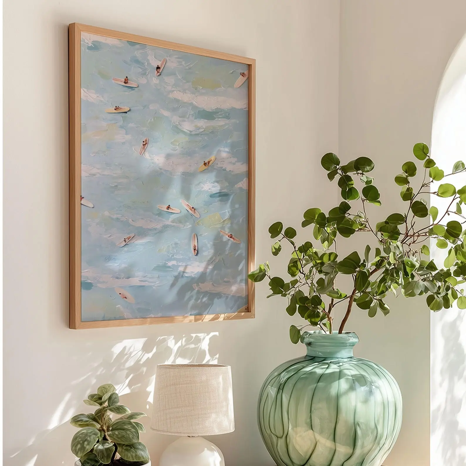 Coastal Surfers Wall Art, Aerial Ocean View Beach House Print