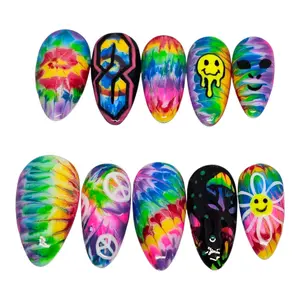 Trippy Tie-Dye Vibes Press-On Nails - Rainbow Swirls Peace Signs & Smiley Faces for Music Festivals & Pride Parties