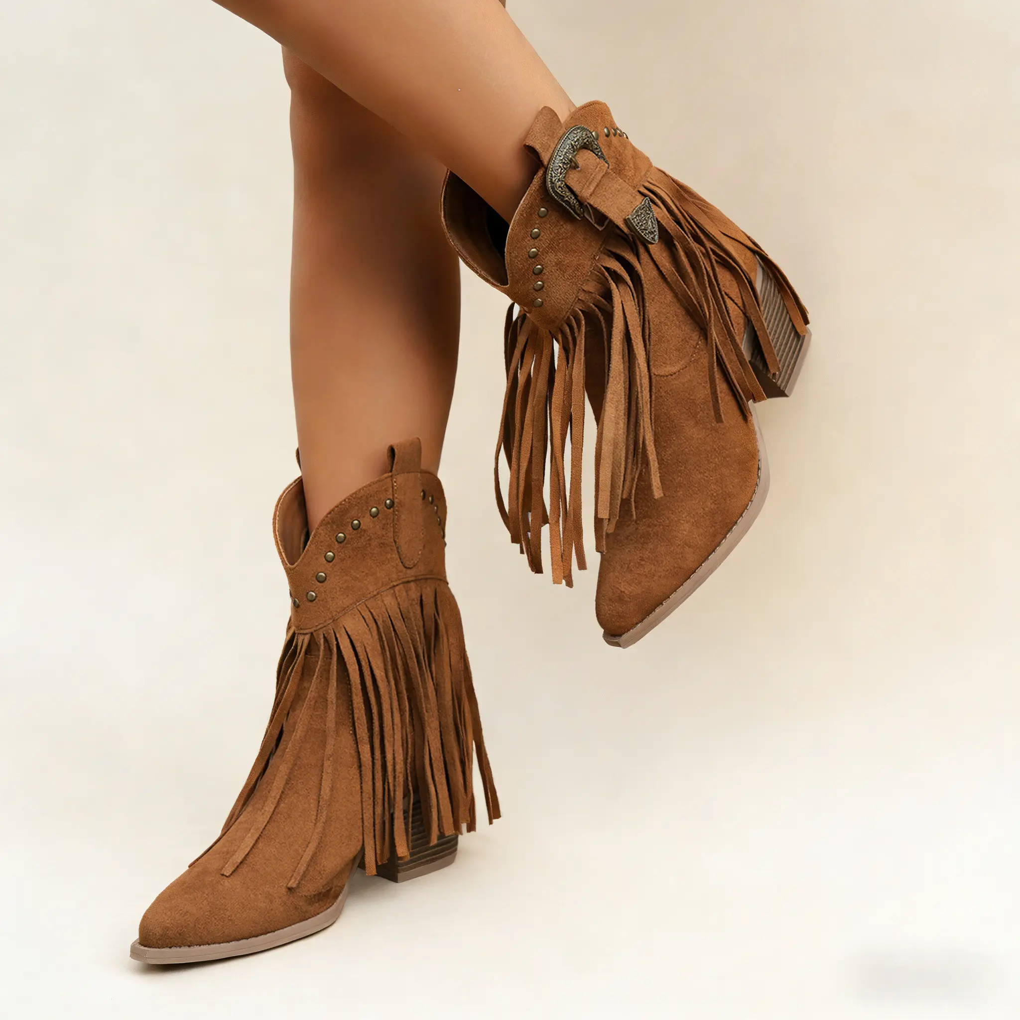 Women's Stylish Vintage Western Ankle Boots - Suede-Like Soft Fabric Footwear, Plain, Fringe, Studded, Tassel Decor, Beaded, Ankle-Hugging Silhouette, Chunky Stable Heel, Slip On Design for Easy Walking