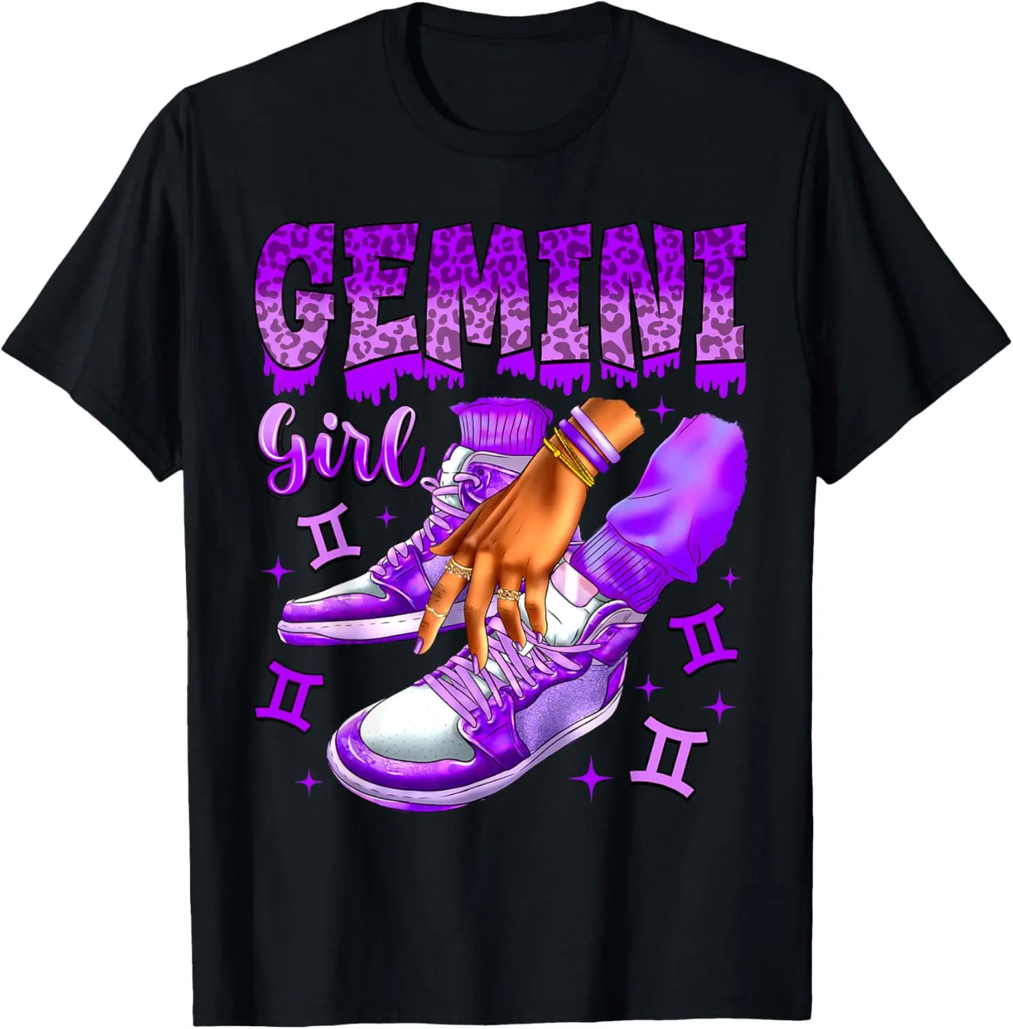 Cotton(pure) Gemini Girl Birthday Black Women Sneakers Zodiac Sign T-Shirt