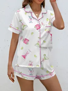Women's Summer Sleepwear Set, Short Sleeve Button-Up Top & Elastic Shorts, Casual Home Wear, Fashionable Daily, Cartoon Print Pajama