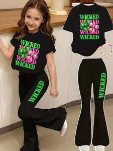 Wicked Pattern Print 2-Piece Girls Casual Sports, Short Sleeve and Flare Pants Set for Kids, Comfortable Spring Summer Fashionable Activewear, Casual Outfit Set