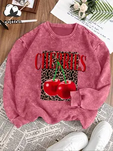 Cherry Leopard Print Cotton Long Sleeve Hoodie, Casual Vintage Washed Cotton Pullover, Round Neck Sporty Women's Sweatshirt