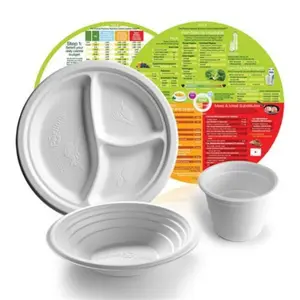 Precise Portions Disposable Plates, Bowls and Cups Set, Made of Natural Eco-Friendly Sugarcane Fiber, Healthy Diet (Pack of 77)