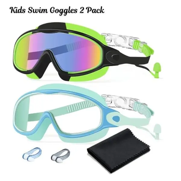 2pcs Kids Swim Goggles – Anti-Fog, UV Protection, Wide View No Leak Swimming Goggles with Earplugs, Pool Beach Accessories for Summer, Outdoor Swimming Goggles for Boys & Girls Ages 3-15