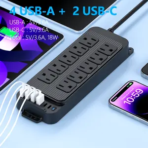 Compact Surge Protector Power Strip with 10 Outlets & 6 USB Ports (2 USB-C), 4ft Thin Flat Extension Cord, Ideal for Home, Office, Travel, and Dorm Use - US Plug, 110V-130V