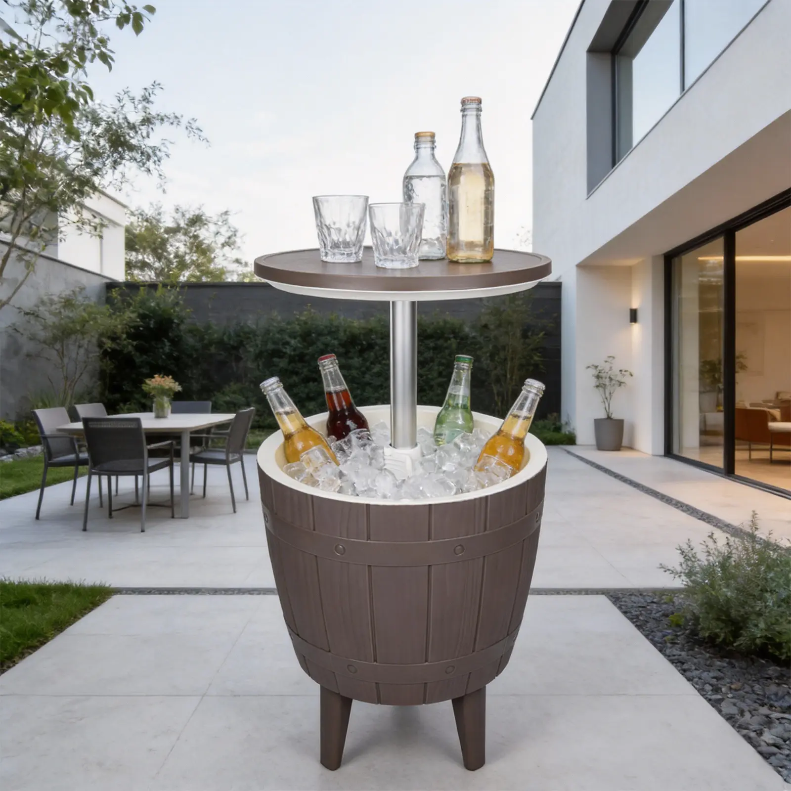 MUMTOP Mocha 3-in-1 Outdoor End Table Cooler, 10-gal Outdoor Living & Backyard Furniture with Height-Adjustable Tabletop, Ice Bucket for Beer & Wine Storage, Patio Cocktail Bar Table, Outdoor Living Furniture